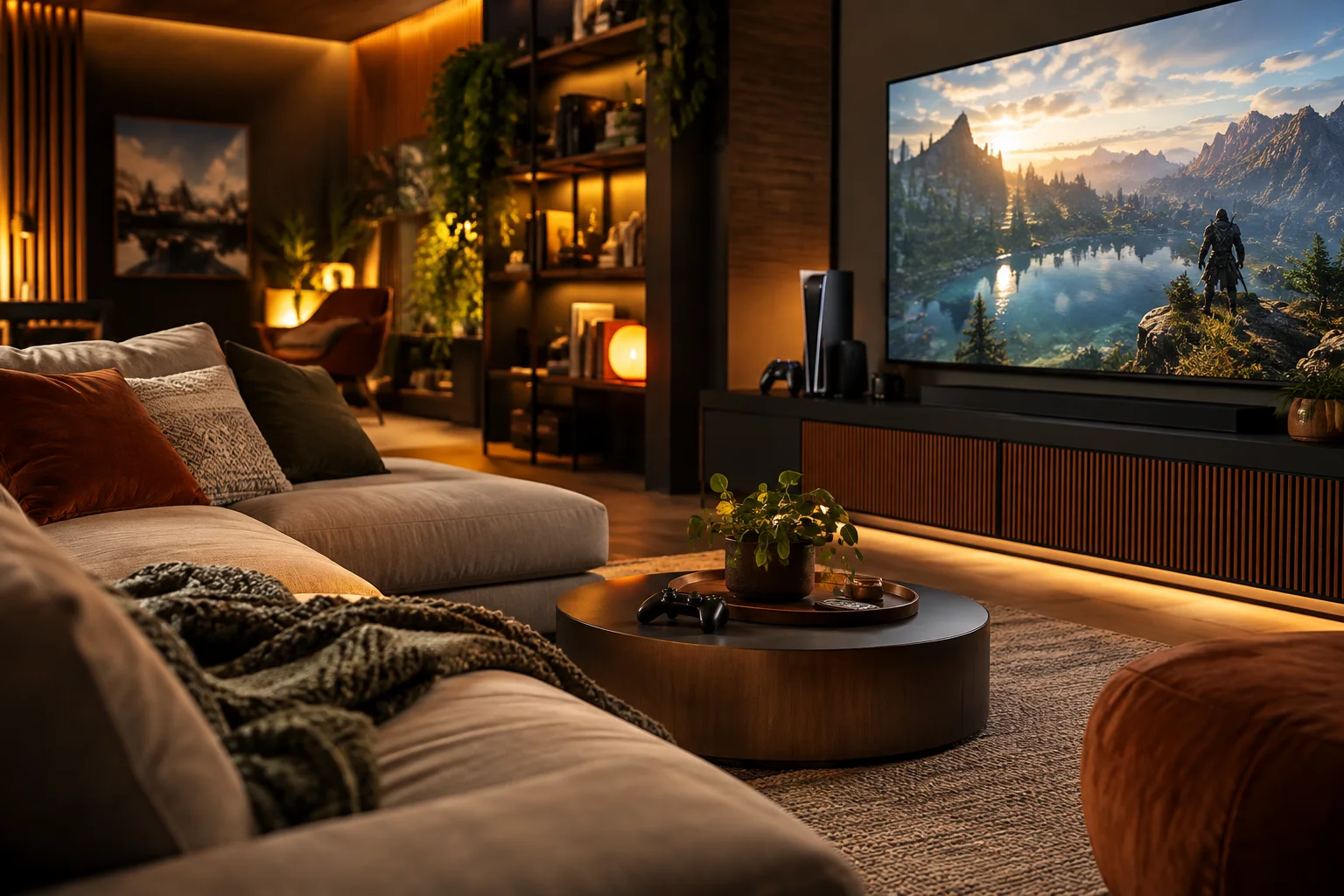 Sofá e ecrã numa zona de consolas