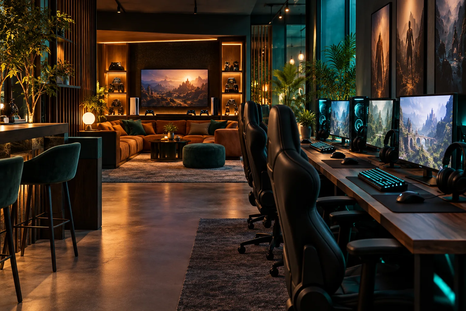 Lounge com postos de PC e zona de consolas