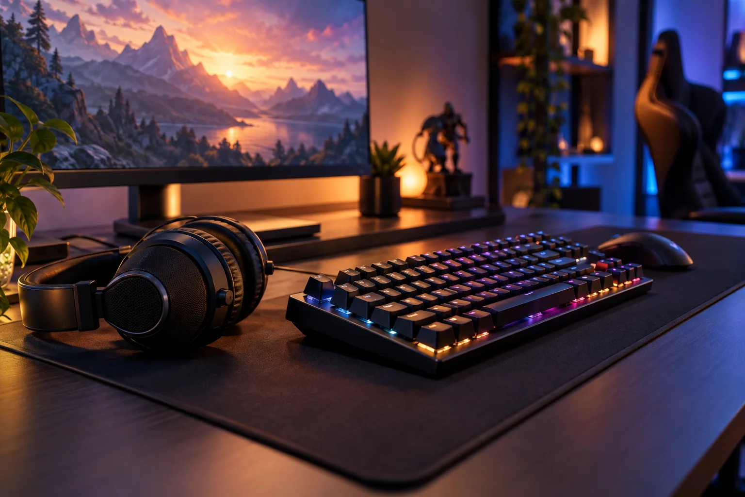 Teclado e auscultadores num posto de jogo